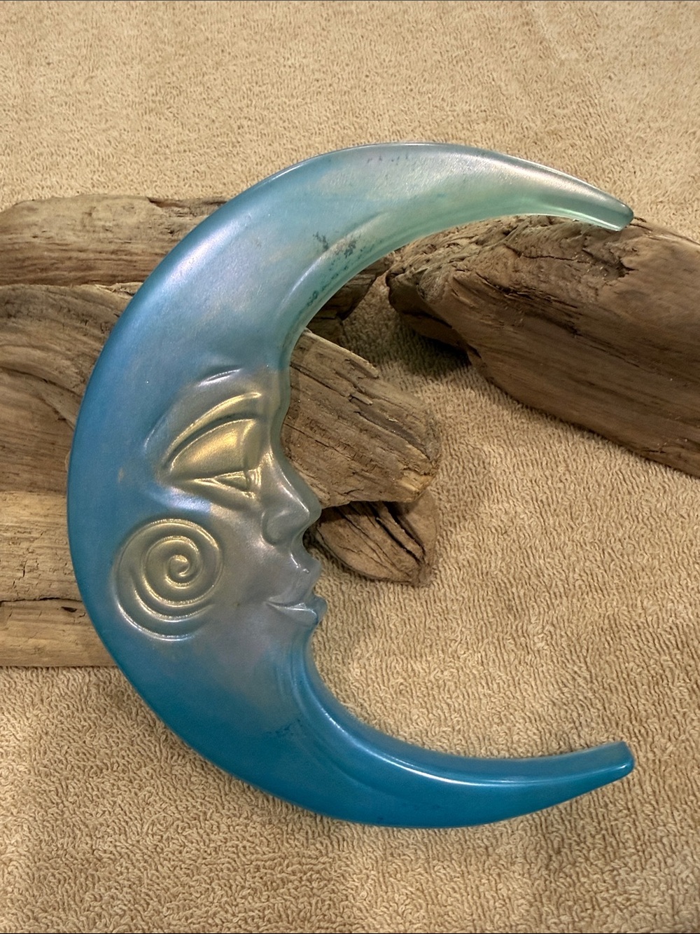 Teal Crescent Moon Wall Sculpture - Serene Face Accent
